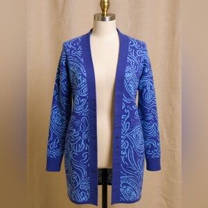 Isaac Mizrahi Blue Paisley Double Knit Jacquard Cardigan Size XL